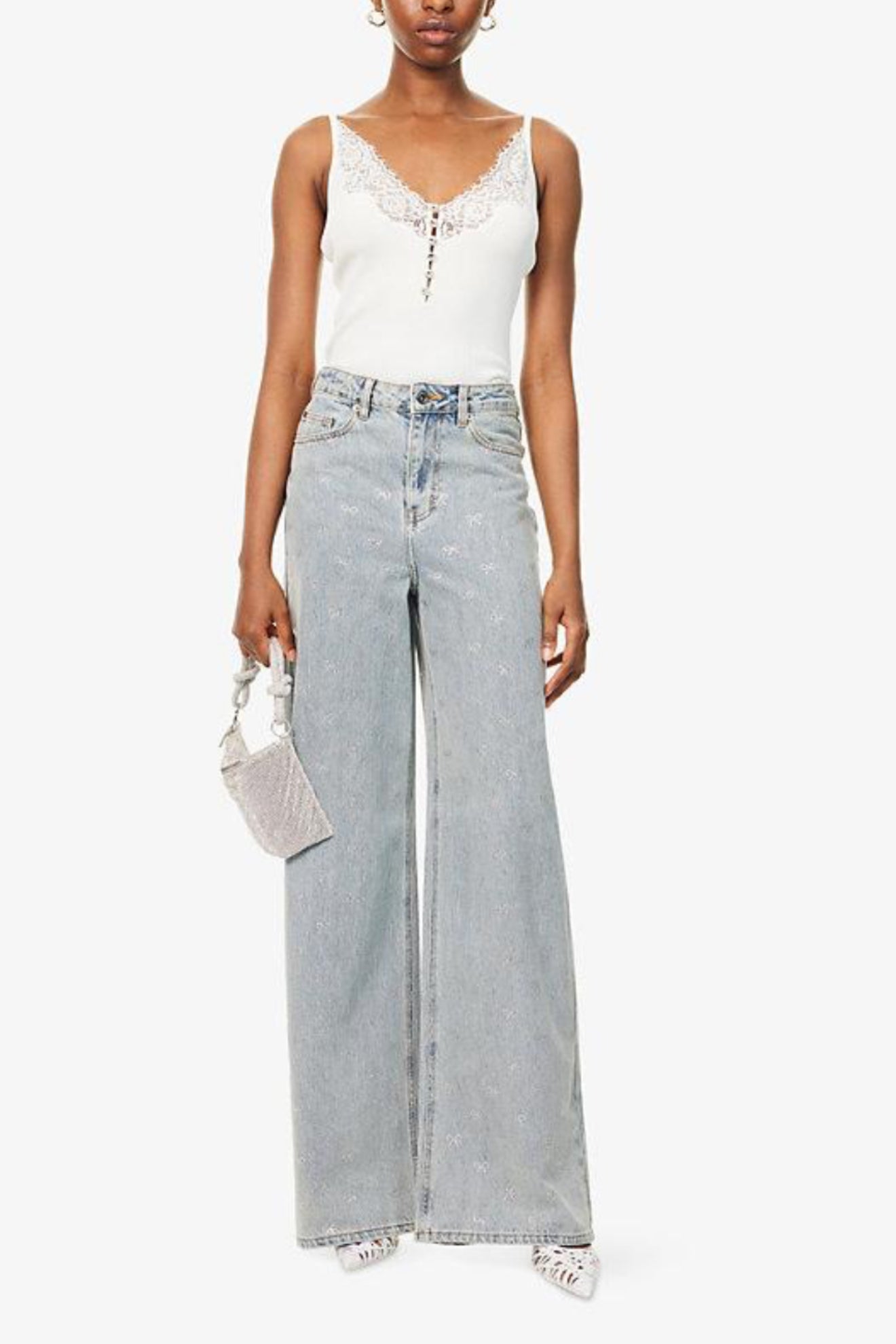 SP Lace Trim Rib Knit Cami Top in White & Black