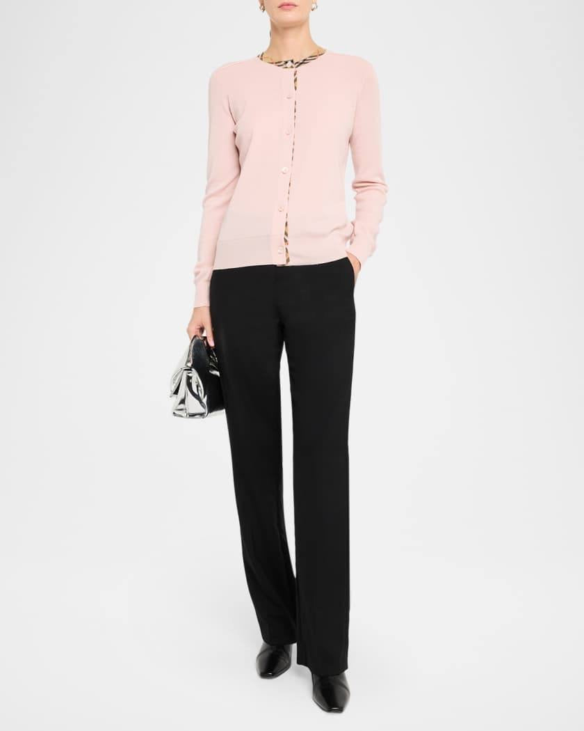 Check-trim Collar Wool Crewneck Cardigan