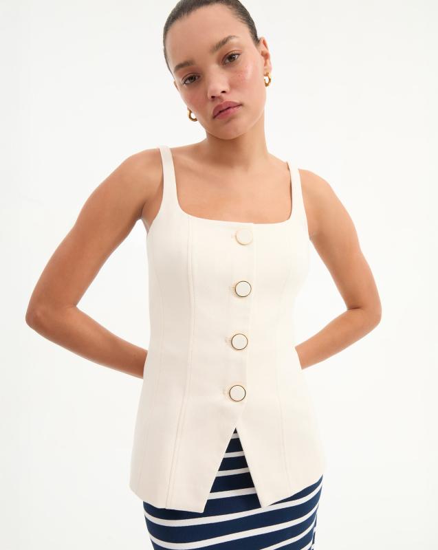 VB Diego Dickey Jacket | Liana Button-Up Vest Top | Kimra Straight-Leg Pant | Ecru Stretch-Cotton Set