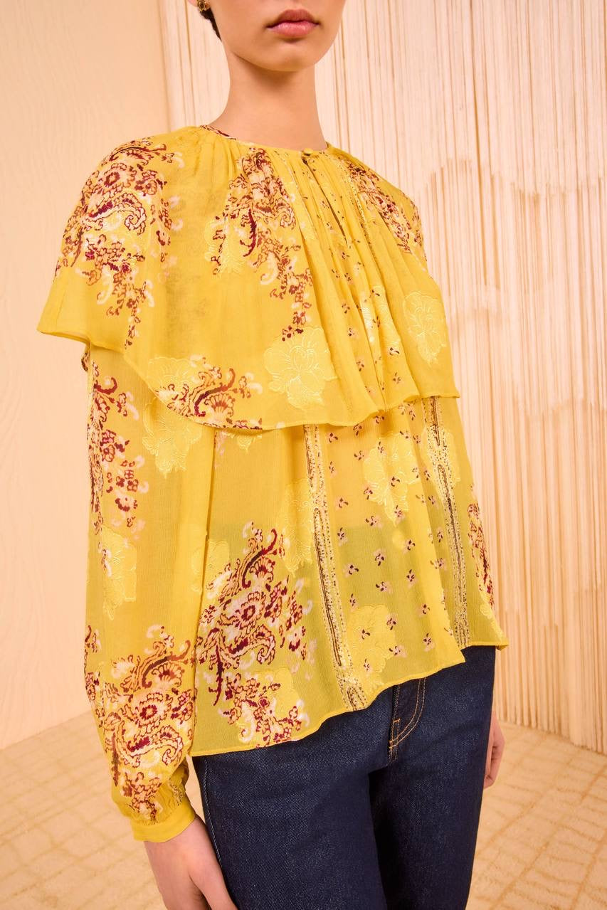 UJ Elissa Cape Layer Long Sleeve Silk-Viscose Blouse Top