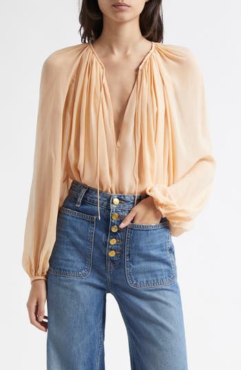 UJ Safa Long Sleeve Silk Blouse Top with Tie