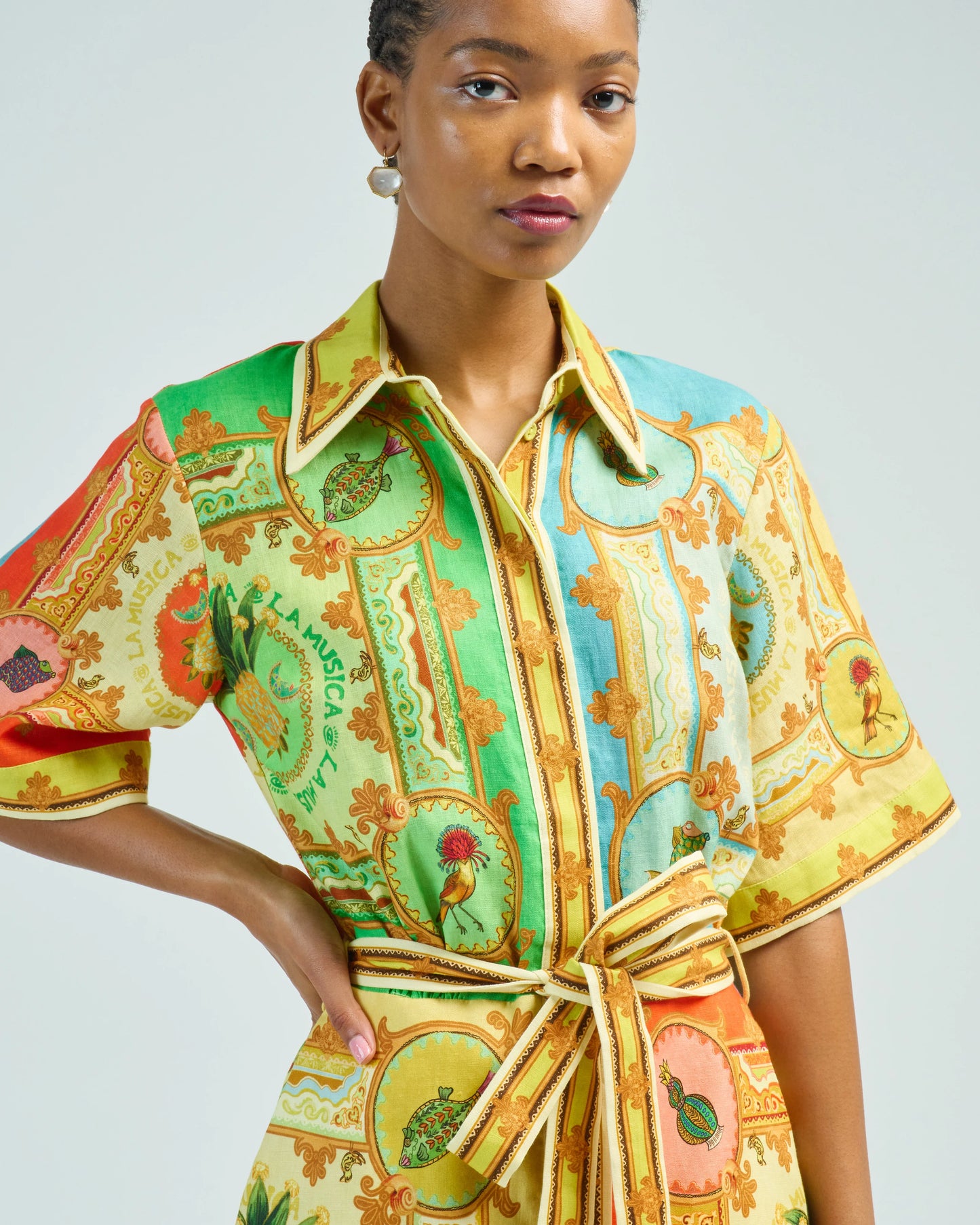 ALM La Musica Belted Linen Mini Dress Shirtdress