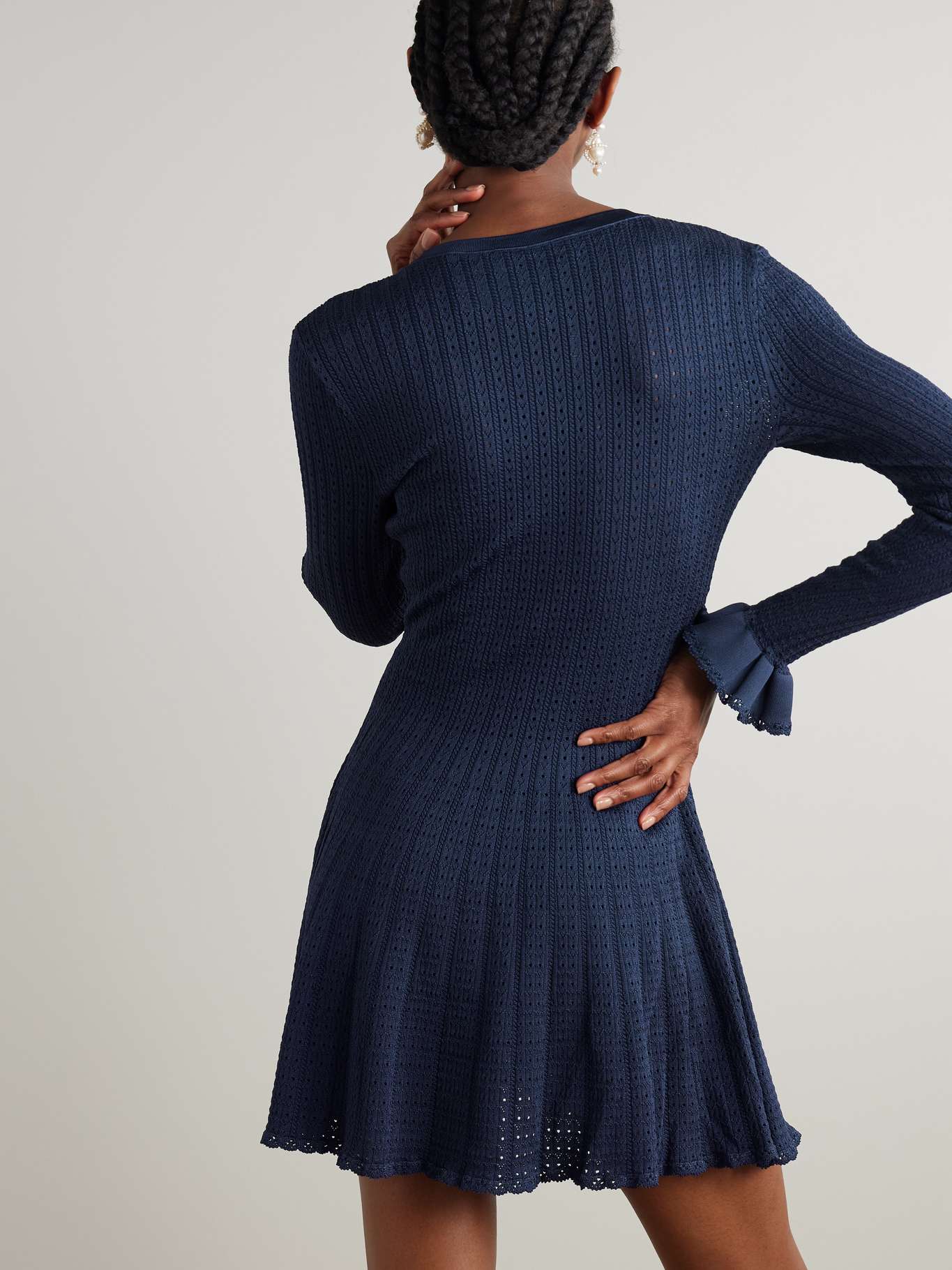 SP Navy Pointelle Knit Crochet Flower Mini Dress