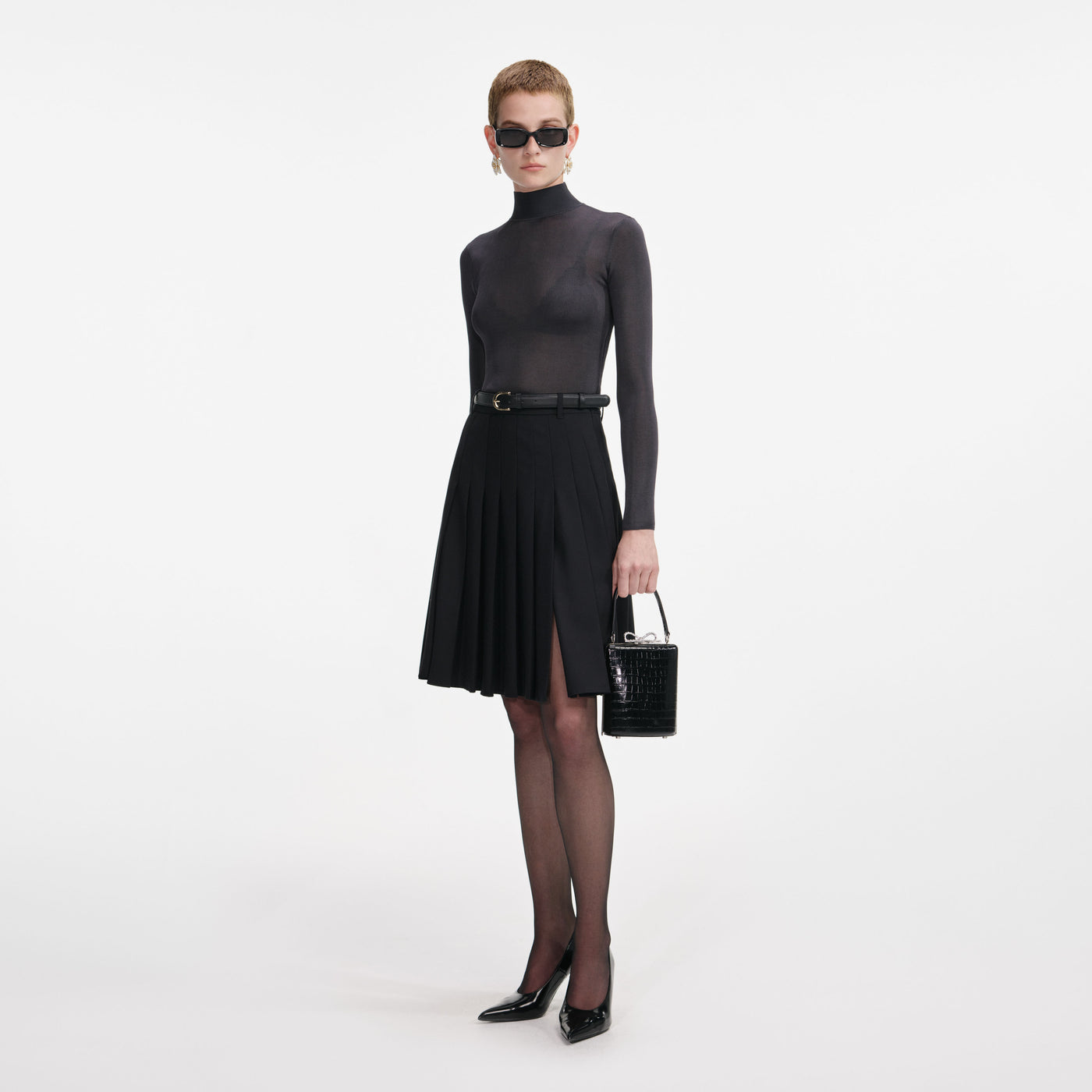 SP Black Pleated Twill Midi Skirt