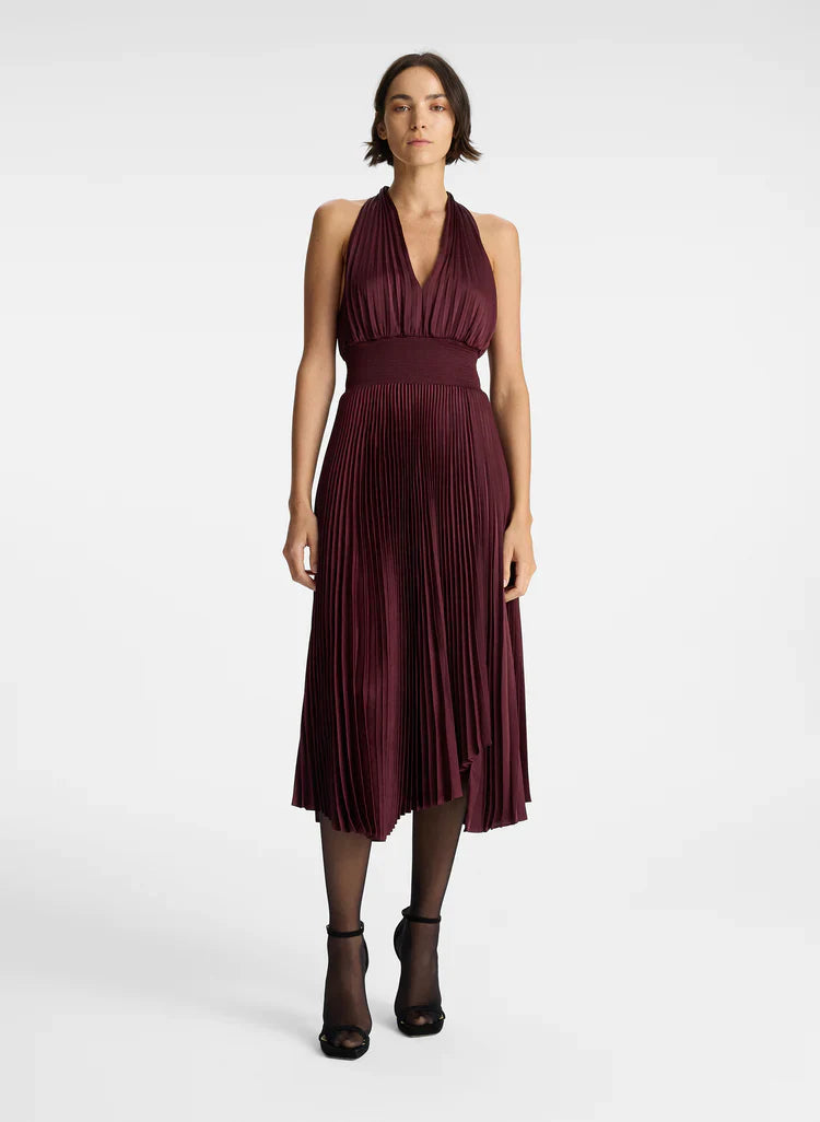 ALC Rose Satin Pleated Midi Dress in Chicory | Riviera