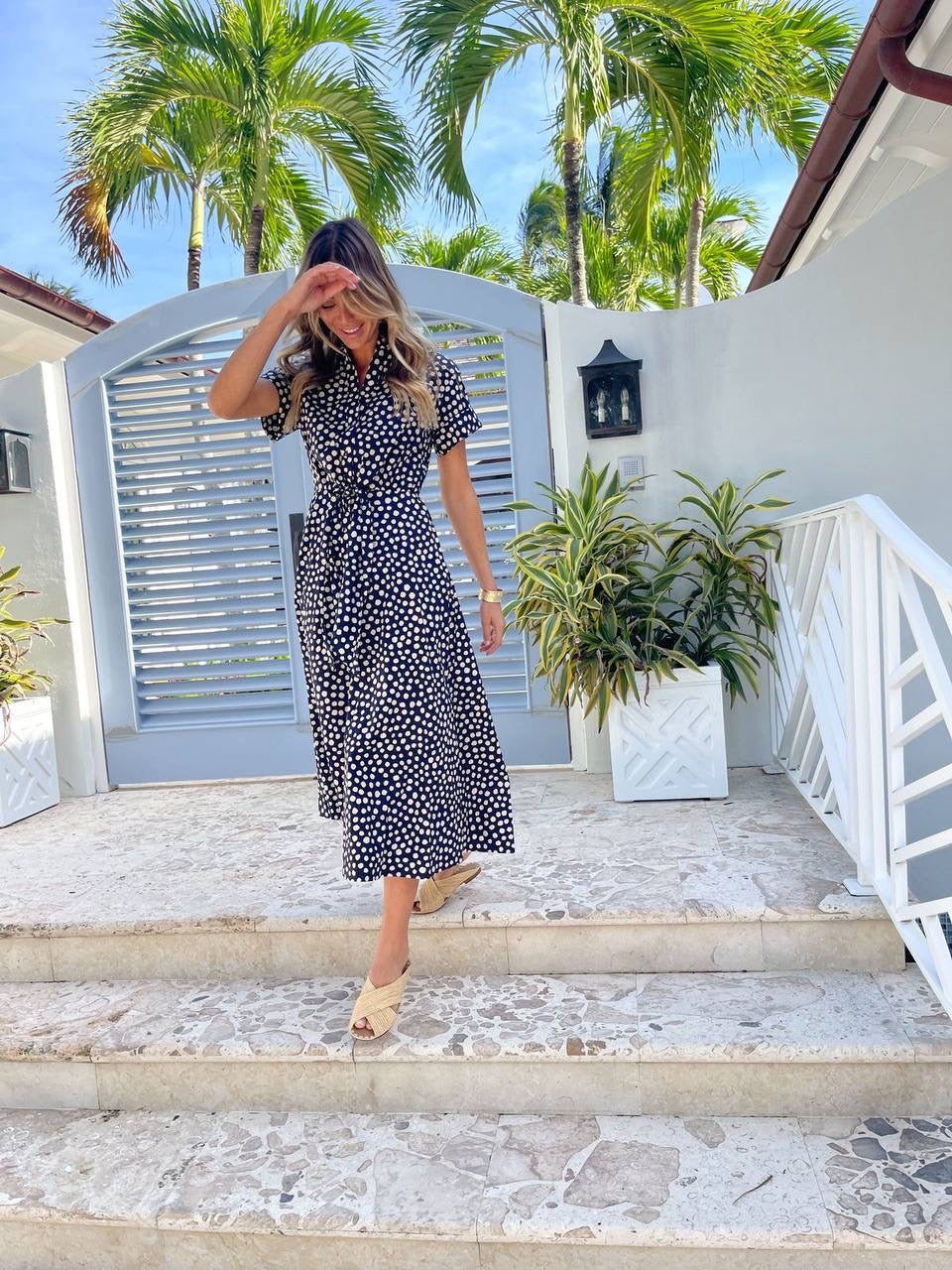 CC Asbury Cotton Midi Dress Abstract Navy Dot