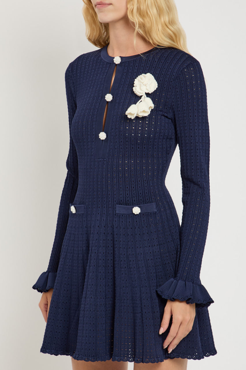 SP Navy Pointelle Knit Crochet Flower Mini Dress