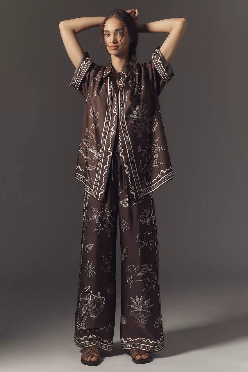 ALM Sammy Short-Sleeve Silk Satin Blouse | Pant | Set