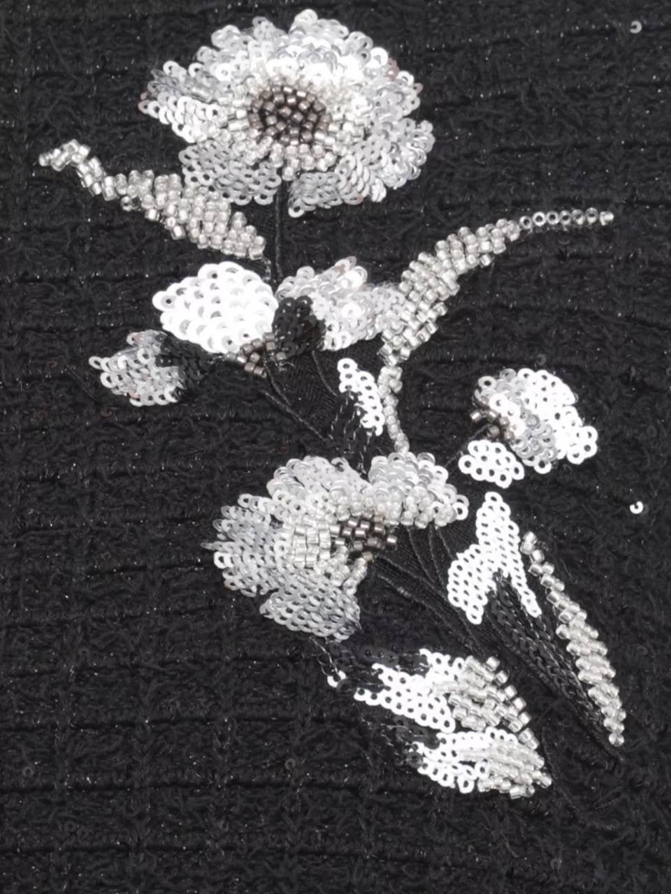 SP Black Textured-Knit Embellished Floral Jacket | Skirt