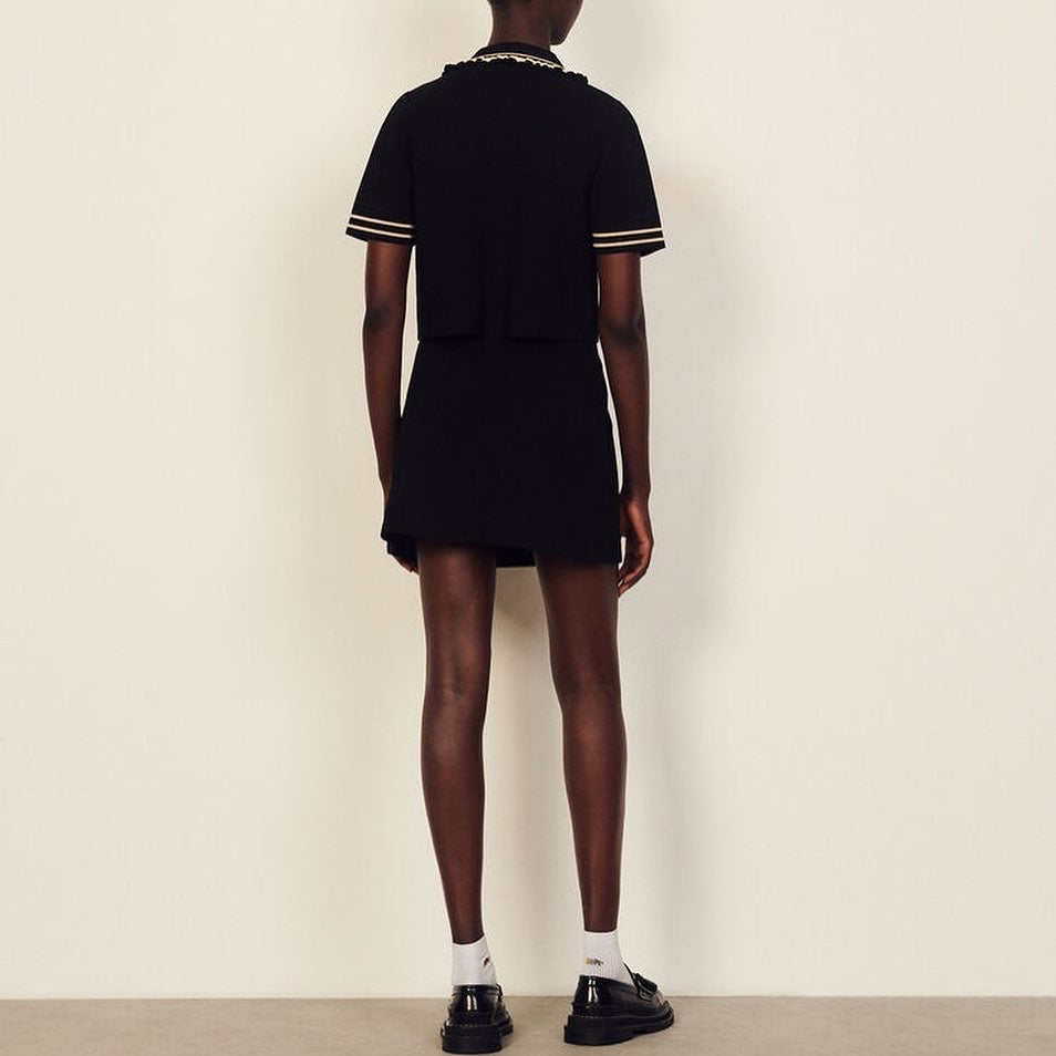 SD Short-Sleeved Mini Dress With Contrast Trim | Short Jacket-Style Coatigan Top | High-Waisted Knitted Skirt