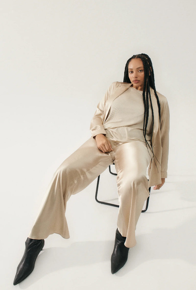 SL Bias Cut Pants in Black & Hazelnut - Thick 19 Momme Silk