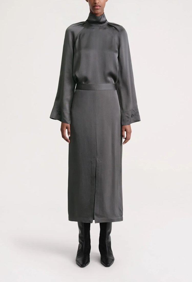 Tot High Neck Satin Viscose Top | Midi Skirt | Set