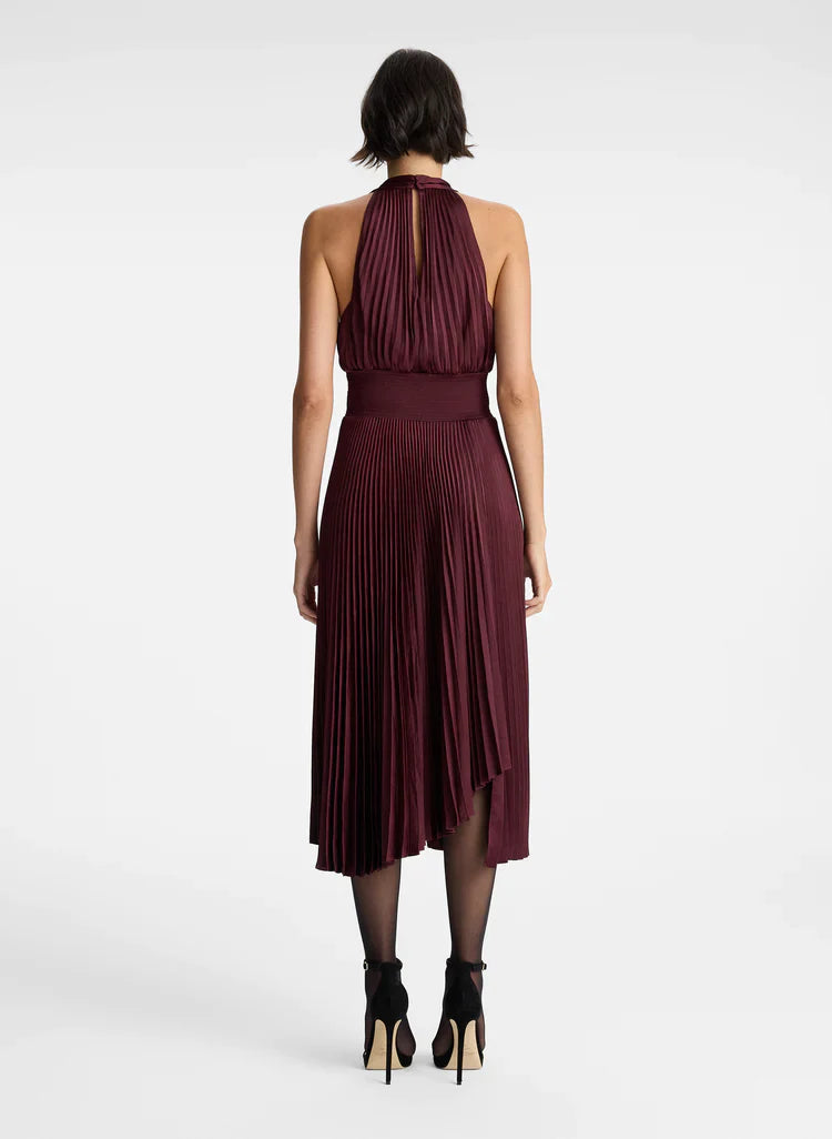 ALC Rose Satin Pleated Midi Dress in Chicory | Riviera