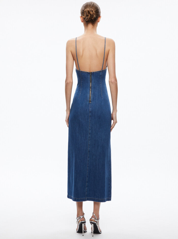 FEW! AO Julietta Denim Slip Midi Dress With Slit In Avery Blue