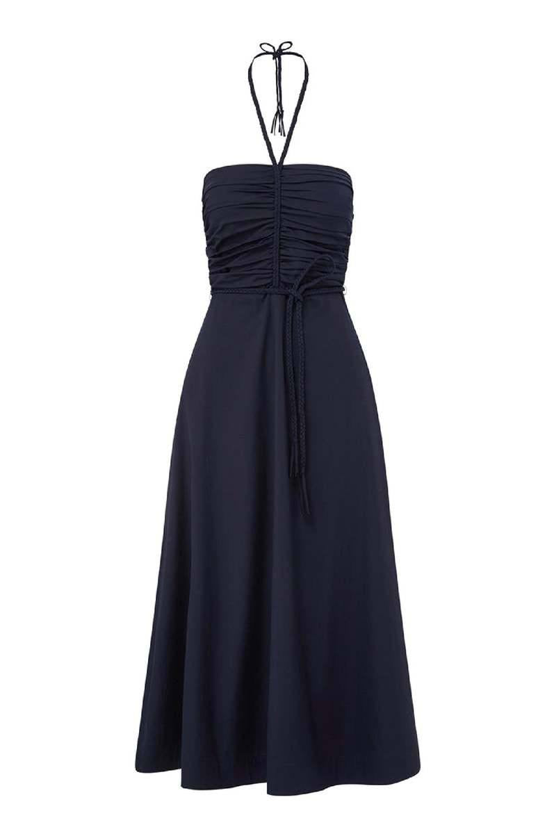 VB Tucker Stretch-Cotton Ruched Halter Midi Dress