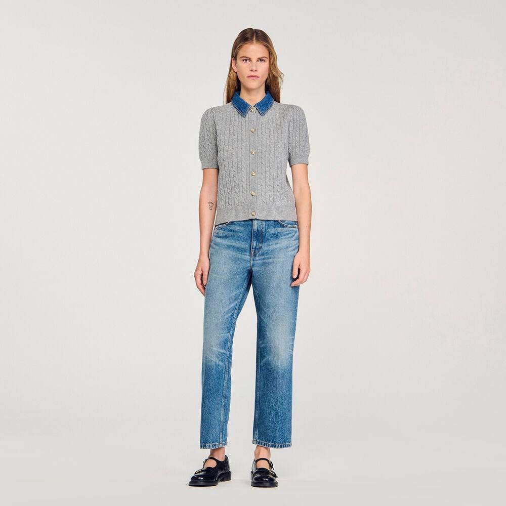 SD Mado Denim Collar Short-sleeved Wool-Cashmere Cable Knit Cardigan