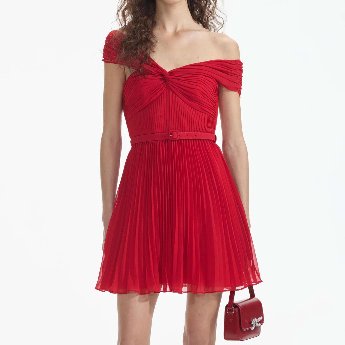 SP Red Off Shoulder Chiffon Mini Dress with Belt