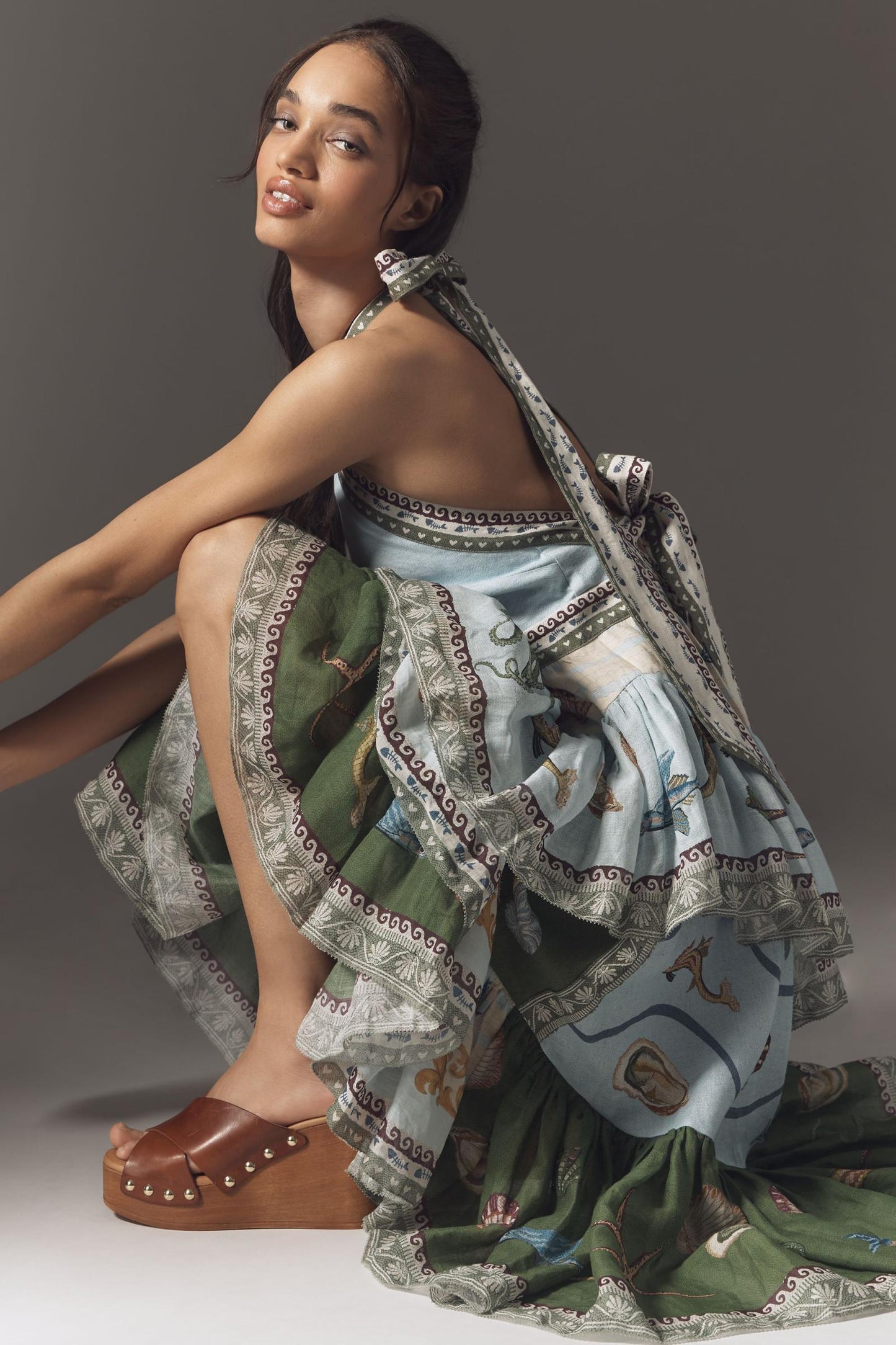 ALM Bath House Tiered Halter Linen Midi Dress