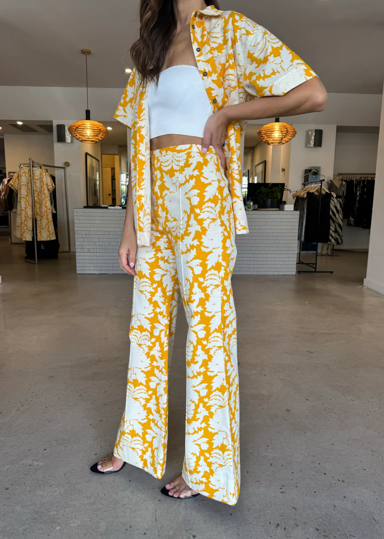 SJ Dulce Short Sleeve Relaxed Shirt | Pintuck Flared Pant | Cotton-Linen Set