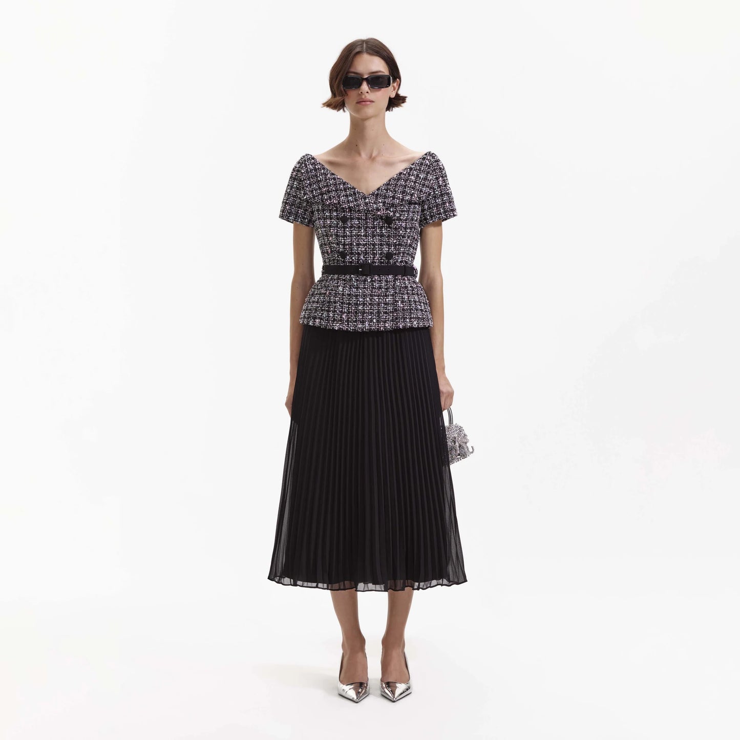 SP Black Boucle Off Shoulder Midi Dress