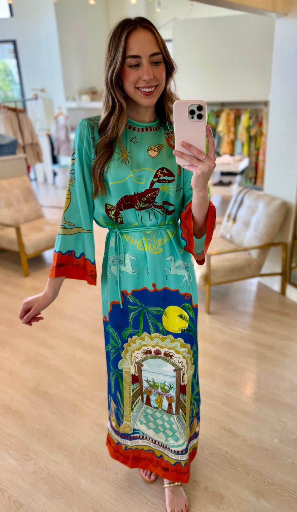 ALM Surrealist Summer Silk Satin Midi Maxi Dress