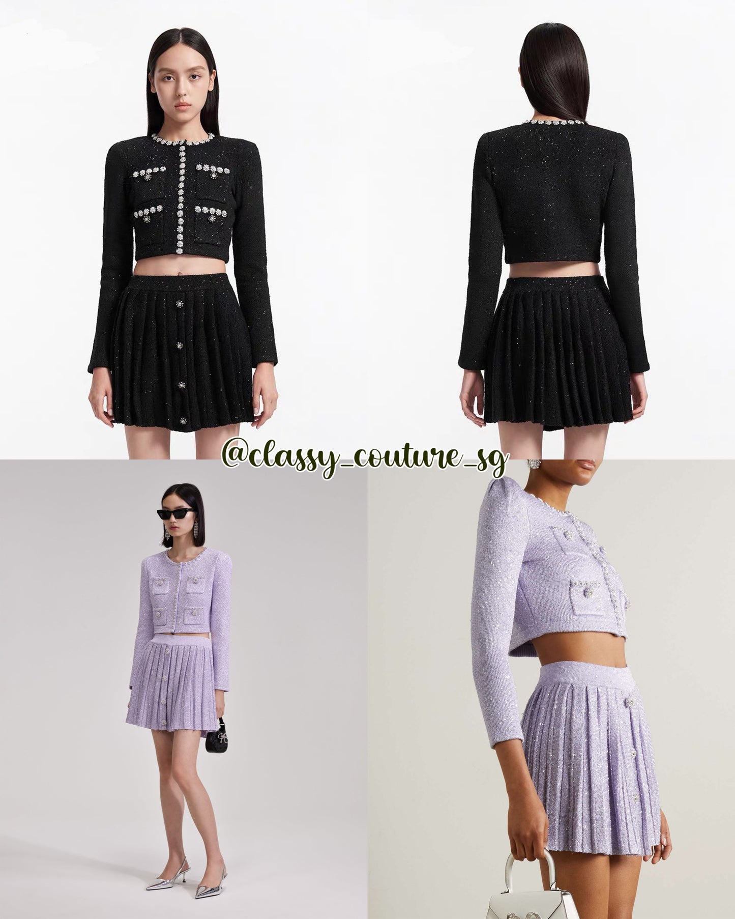 SP Black Sequin Knit Cardigan | Pleated Knit Skirt | cropped mini Set