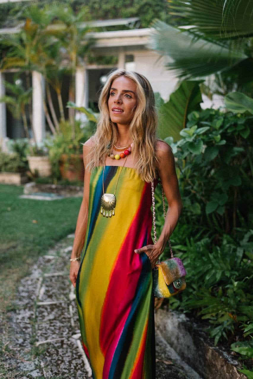 CE Aura Silk Strapless Maxi Dress in multi stripes