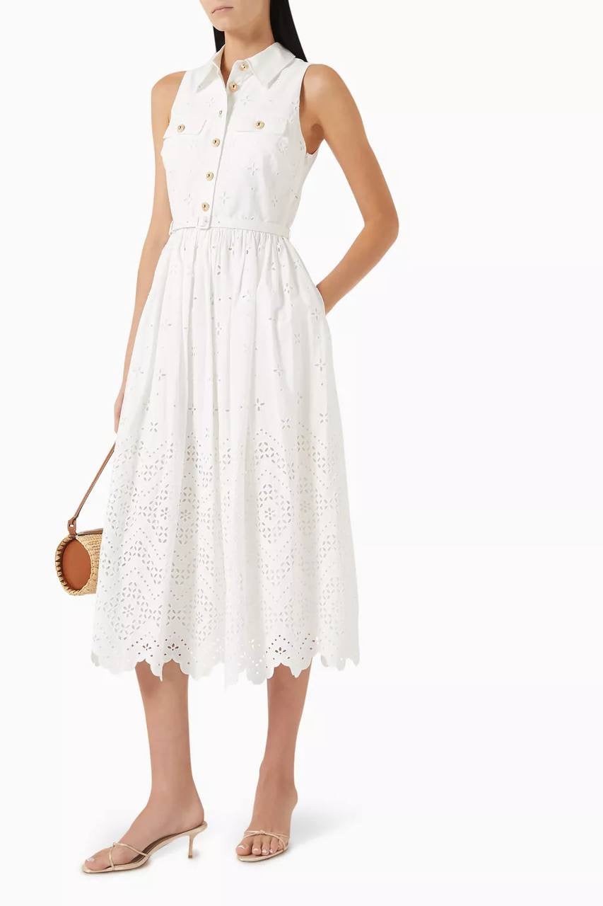 SP White Cotton Broderie Collared Midi Dress