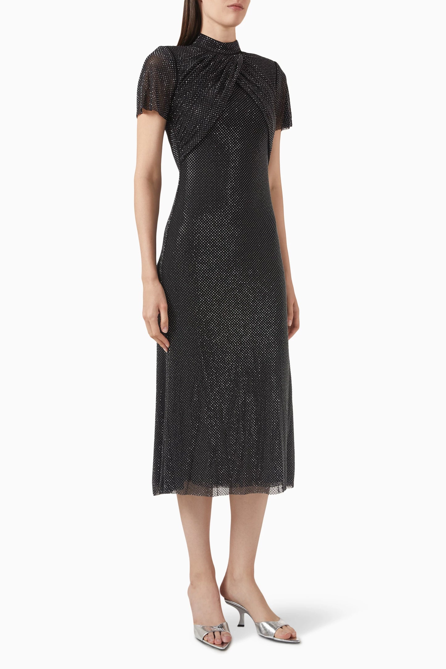 SP Black Rhinestone Mesh Midi Dress