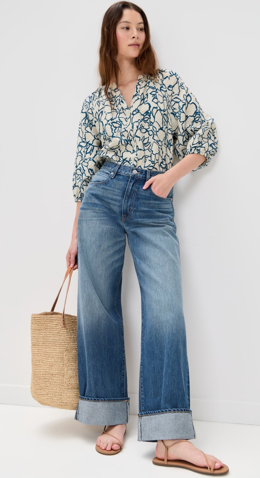 AA Mite 3/4 Sleeve Linen Blouse Top in Lace Floral Flax