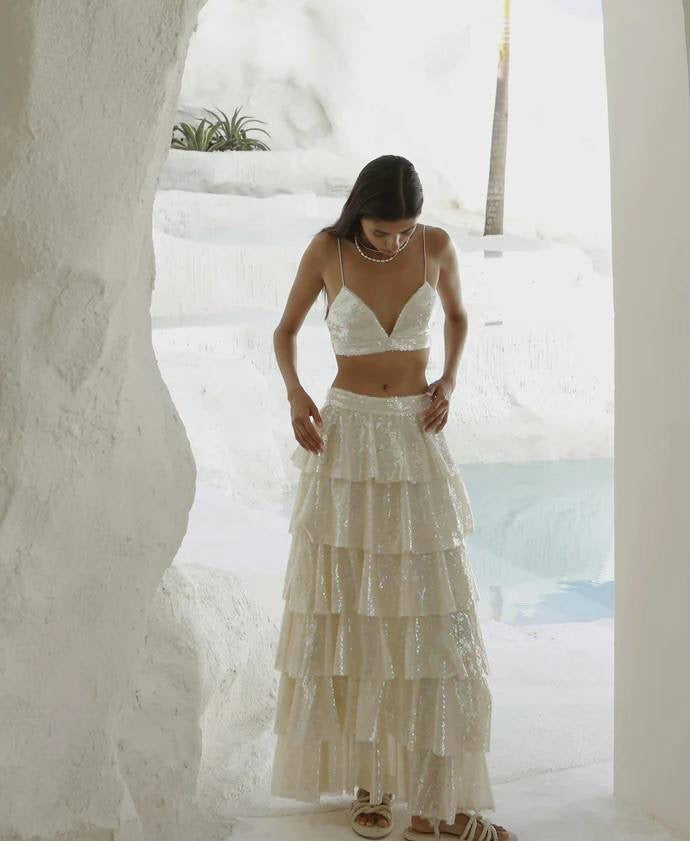 IX Shimmer Outlaw | Bralette crop top | Tiered Maxi Skirt Set