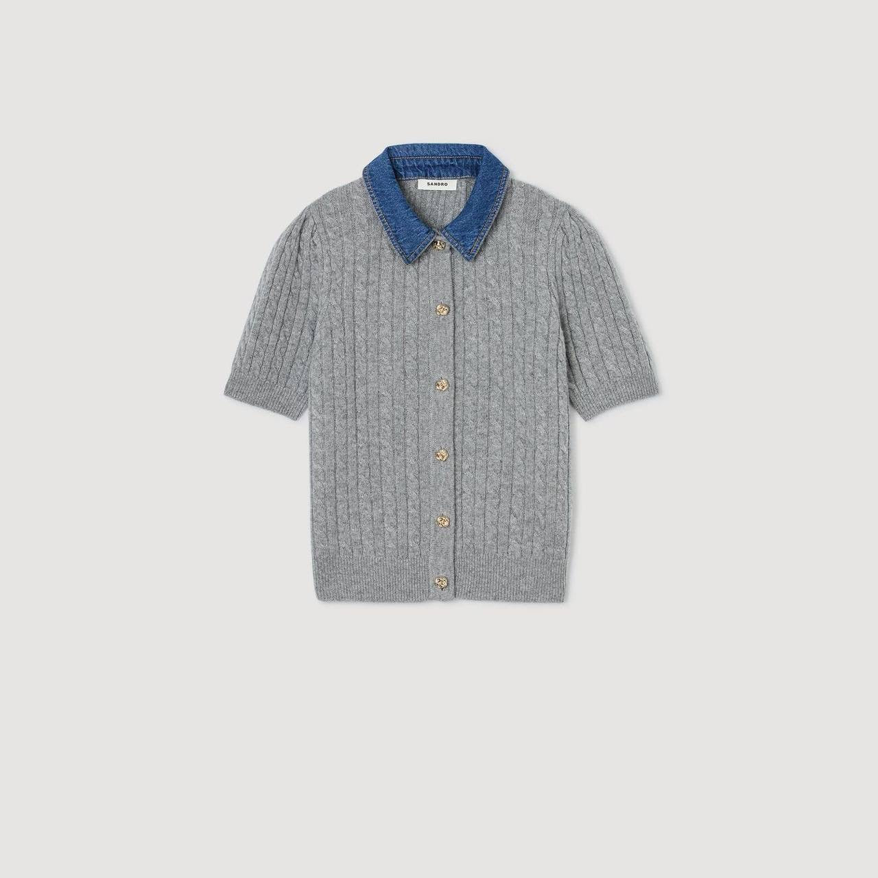 SD Mado Denim Collar Short-sleeved Wool-Cashmere Cable Knit Cardigan