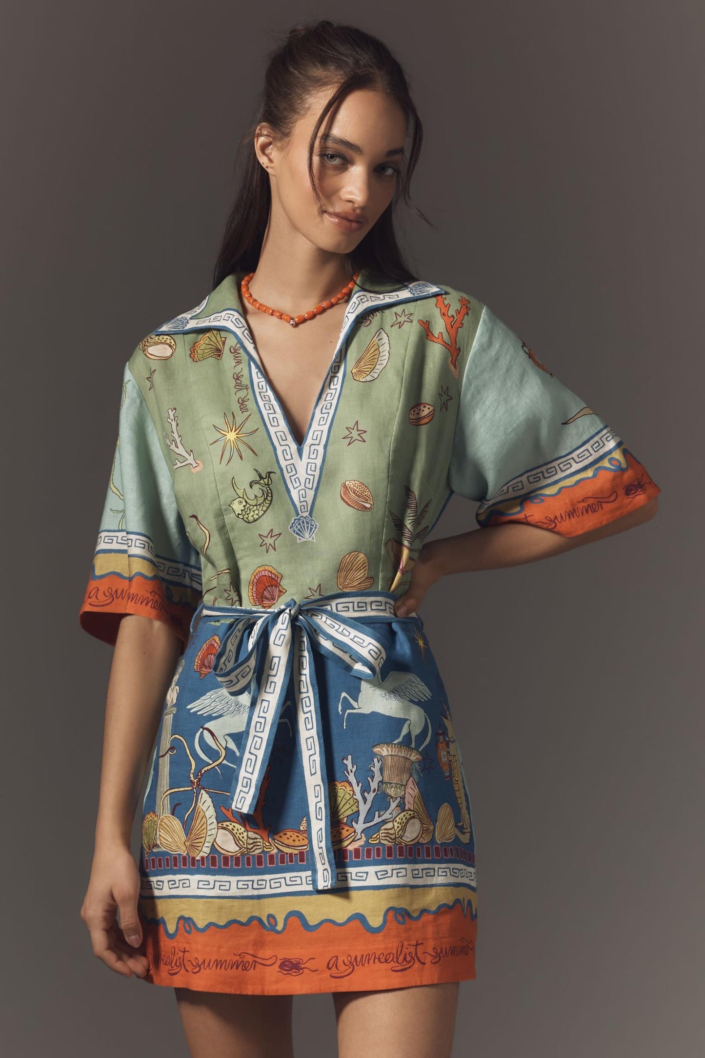 ALM Surrealist Summer V-neck Linen Mini Dress