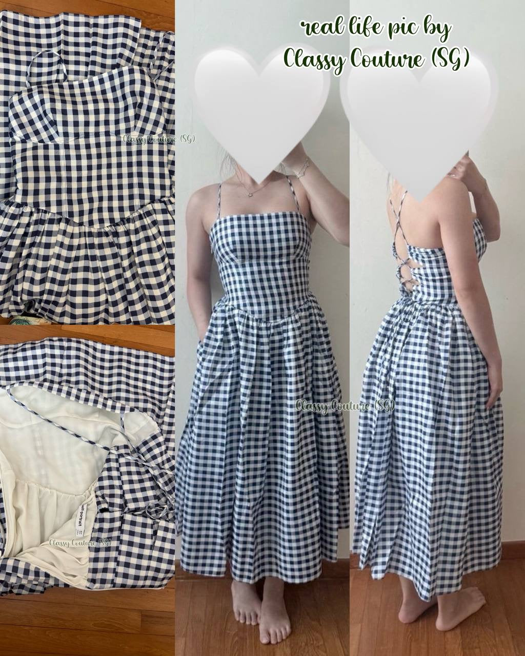 SP Navy Blue Gingham Taffeta Midi Dress