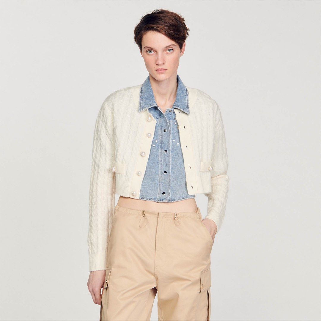 SD Elina Cable Knit Coatigan with faux pearl wool-cashmere cropped cardigan