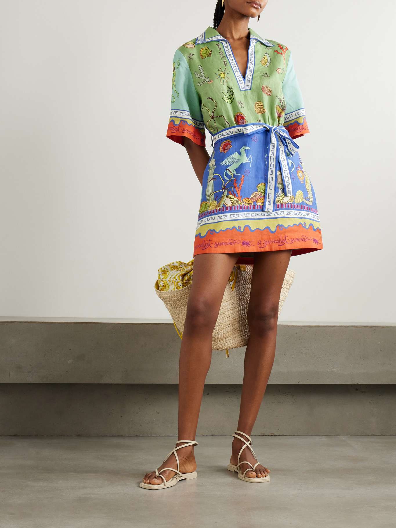 ALM Surrealist Summer V-neck Linen Mini Dress