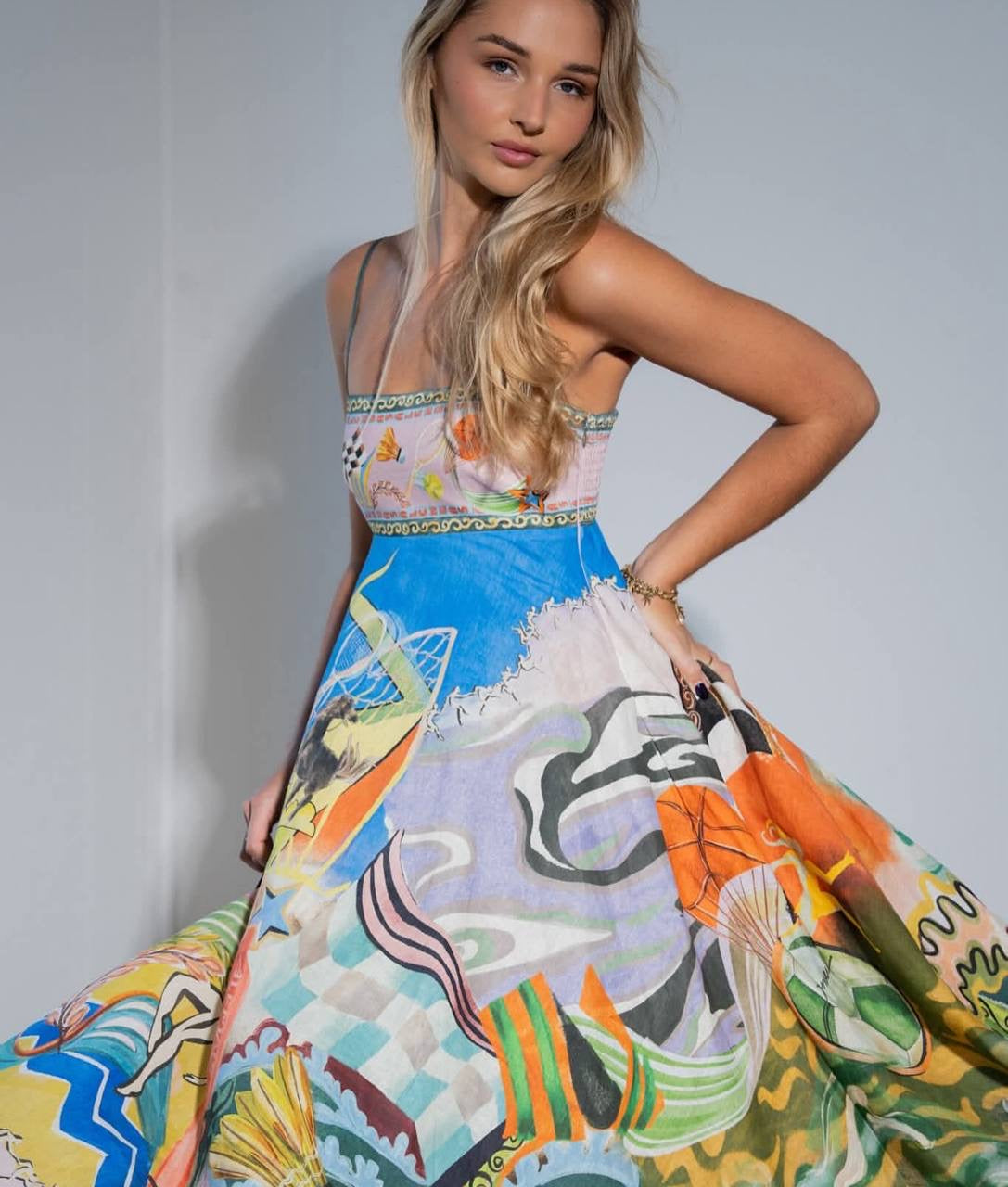 ALM Lucky Pace Printed Linen Midi Dress Sundress