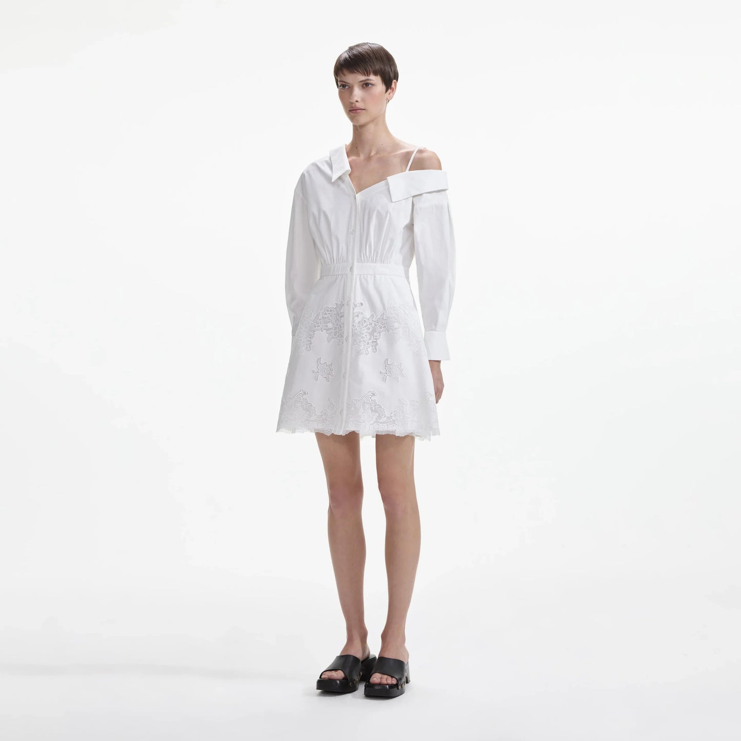 SP White Cotton Lace Hem Mini Dress Cold Shoulder