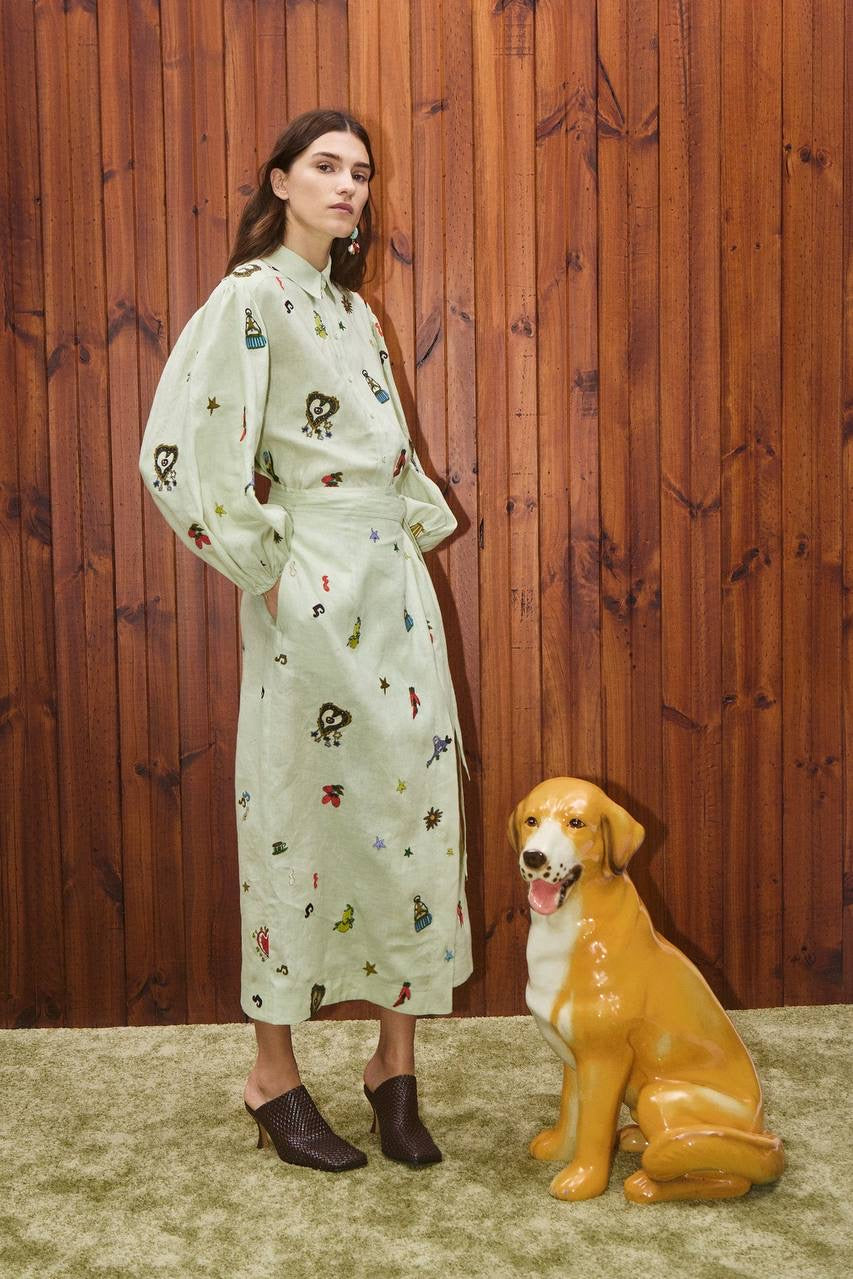 ALM Montie Embroidered Linen Shirt | Tie Wrap Midi Skirt | Set
