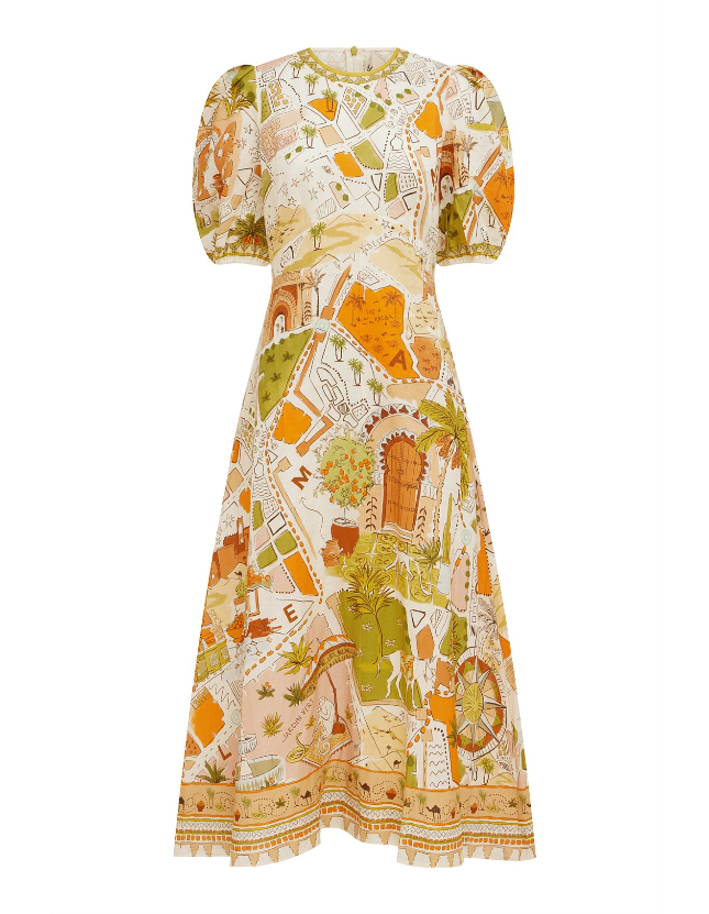 ALM Bazaar Puff Sleeve Linen Midi Dress