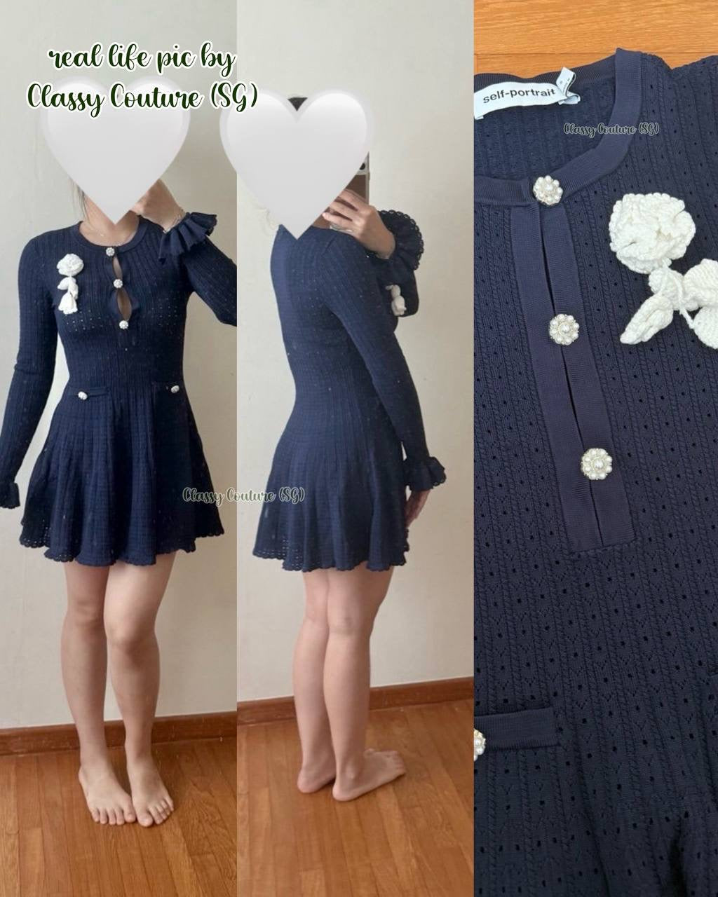 SP Navy Pointelle Knit Crochet Flower Mini Dress