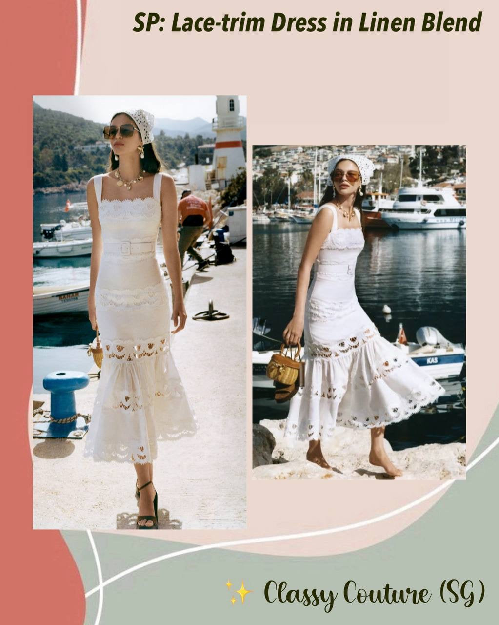 SP White Linen Lace Insert Belted Midi Dress