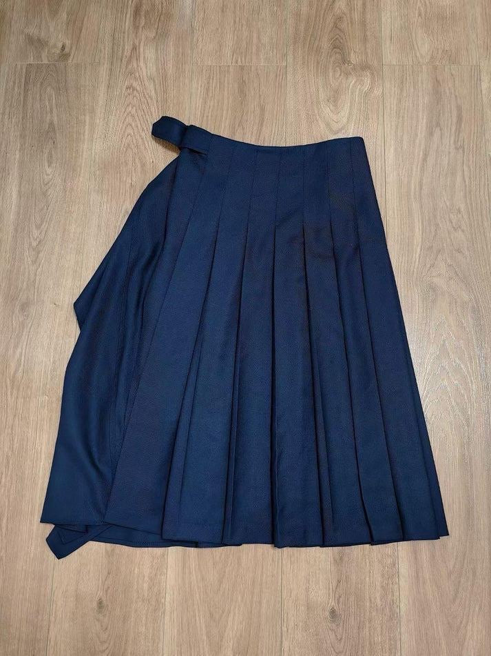 ALC Wayland Belted Wool-Blend Pleated Handkerchief Midi Skirt in Navy Blue