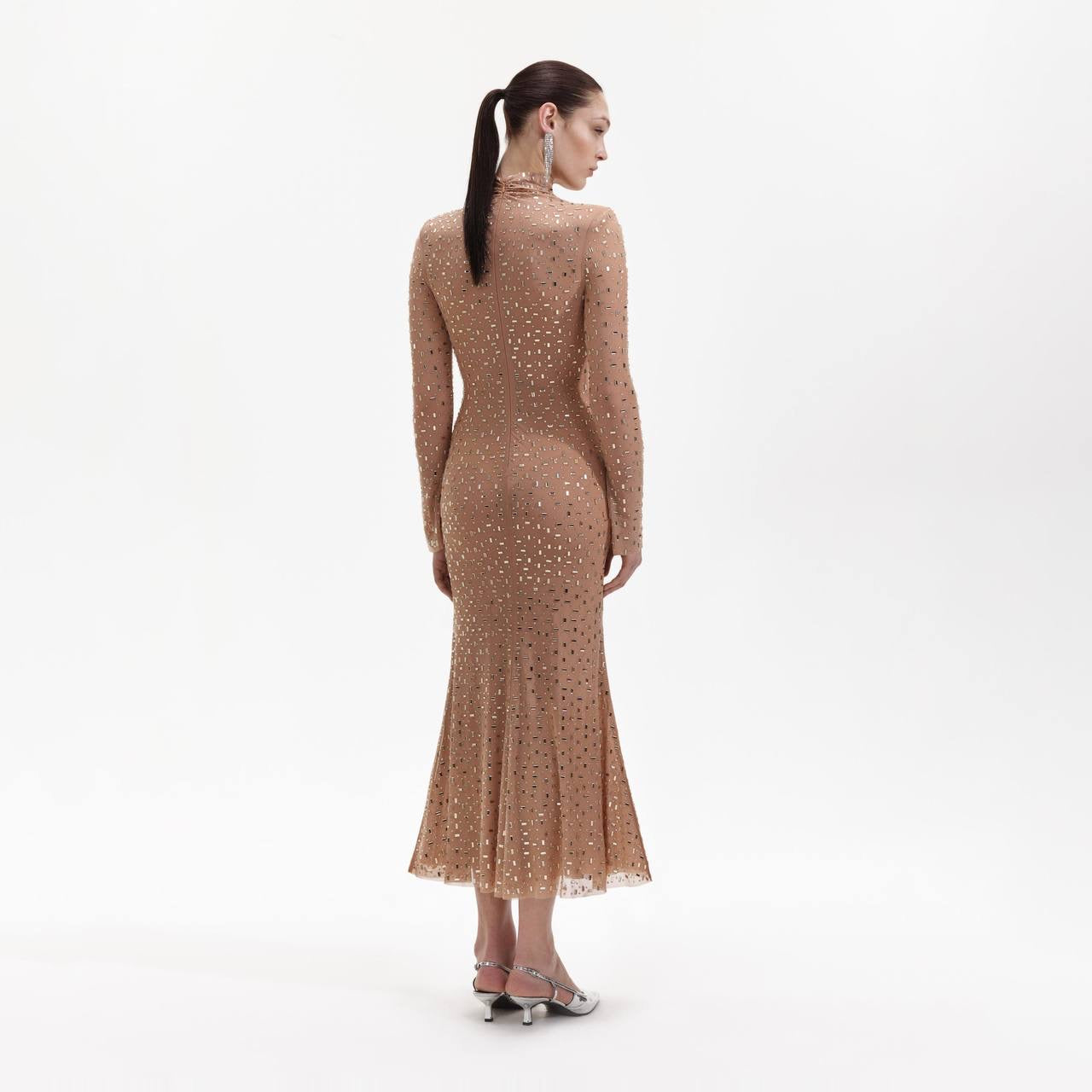 SP Gold Square Rhinestone Mesh Midi Dress