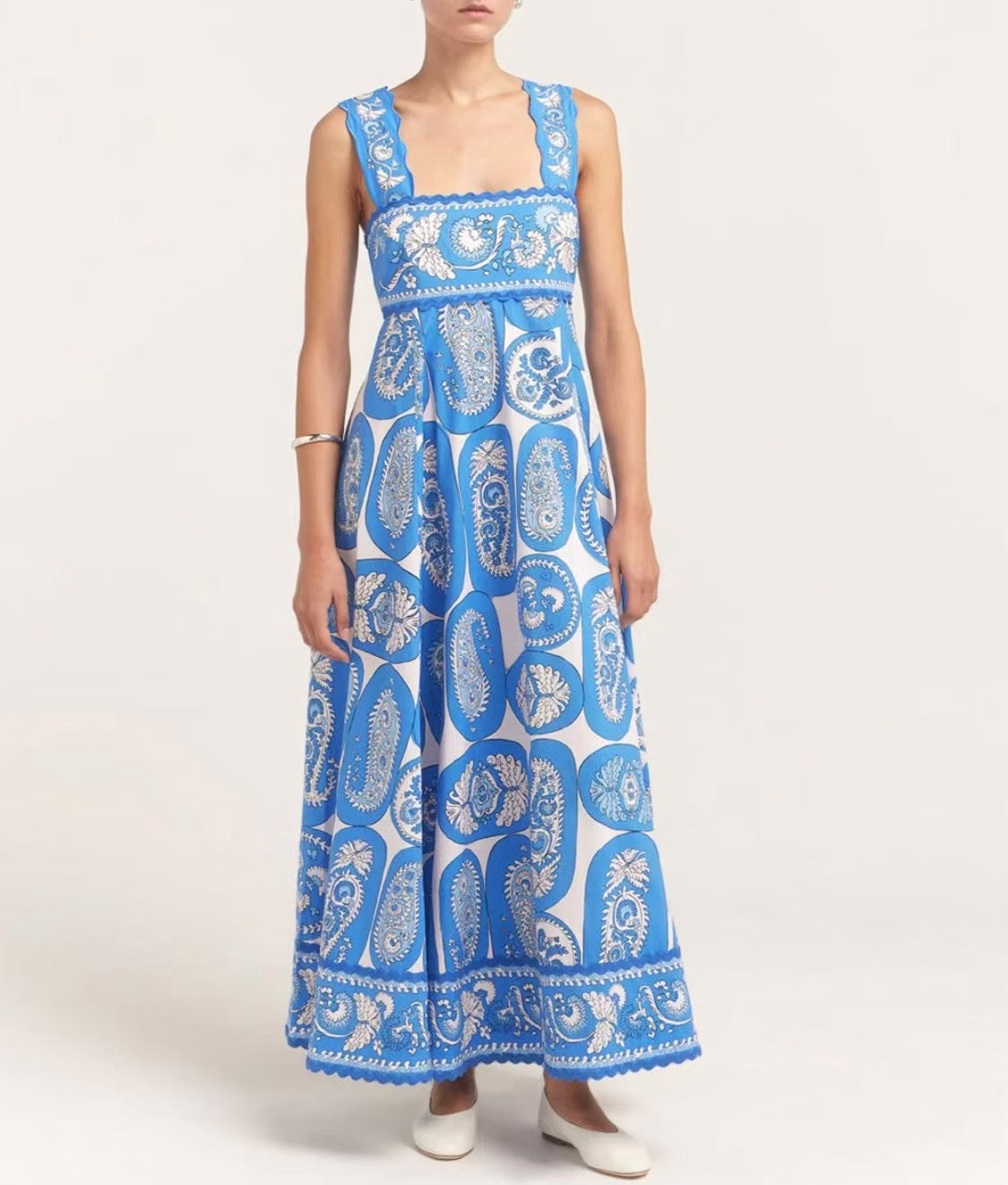 ALM Diana Summer Cotton Maxi Dress in Blue/White & Orange/Yellow