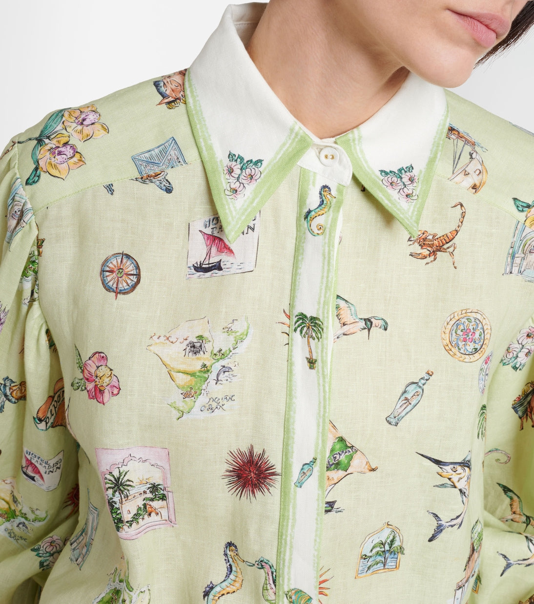 ALM Printed Linen Sea Life Shirt | Shorts | Green & Coral Pink Set