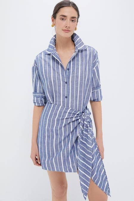 AA Alessandra Striped Chambray Sarong Cotton Mini Dress Shirtdress