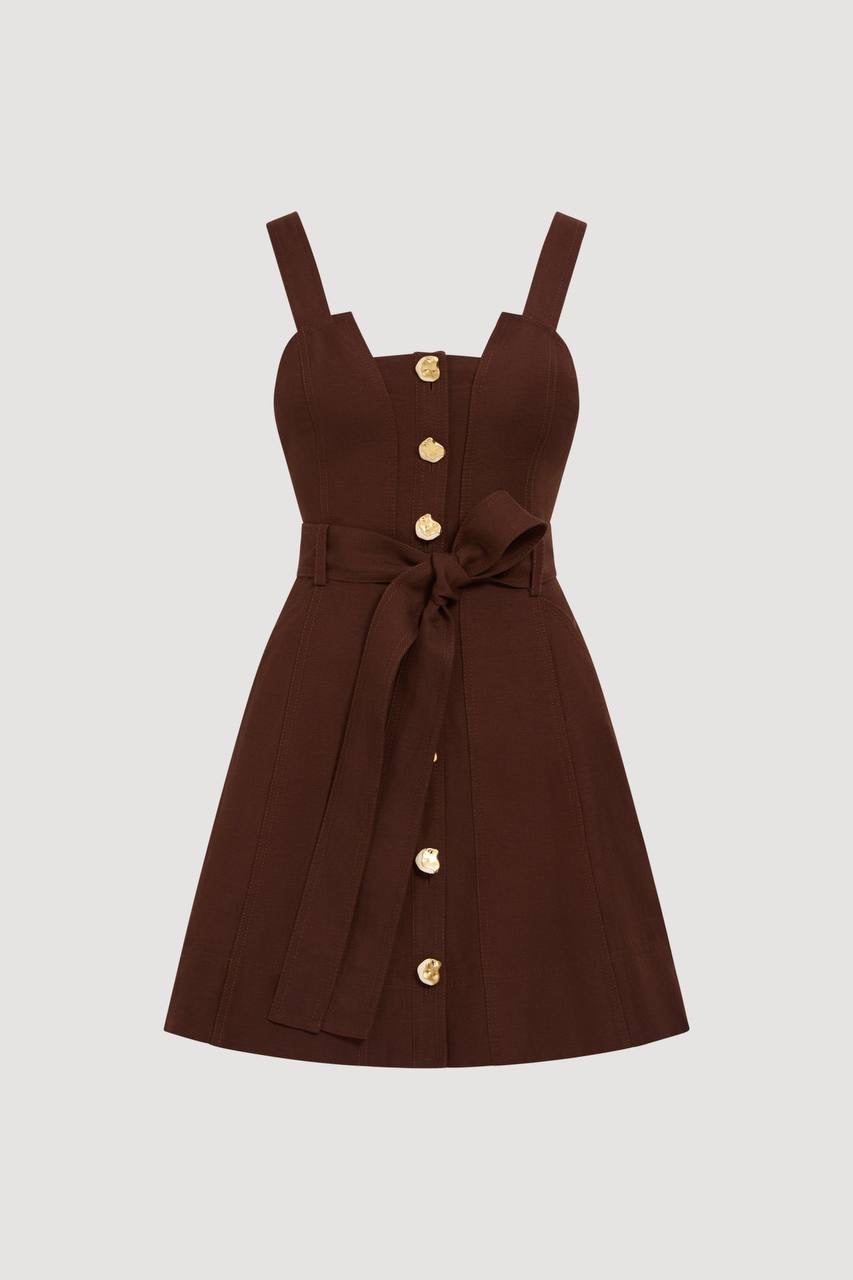 AJ Manon Brown Linen-viscose Mini Dress