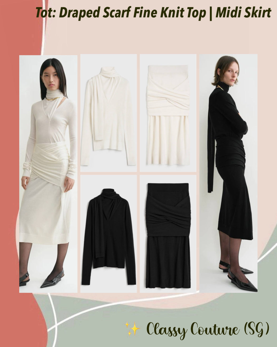 Tot Draped Scarf Fine Knit Top | Midi Skirt | Wool-Silk Set