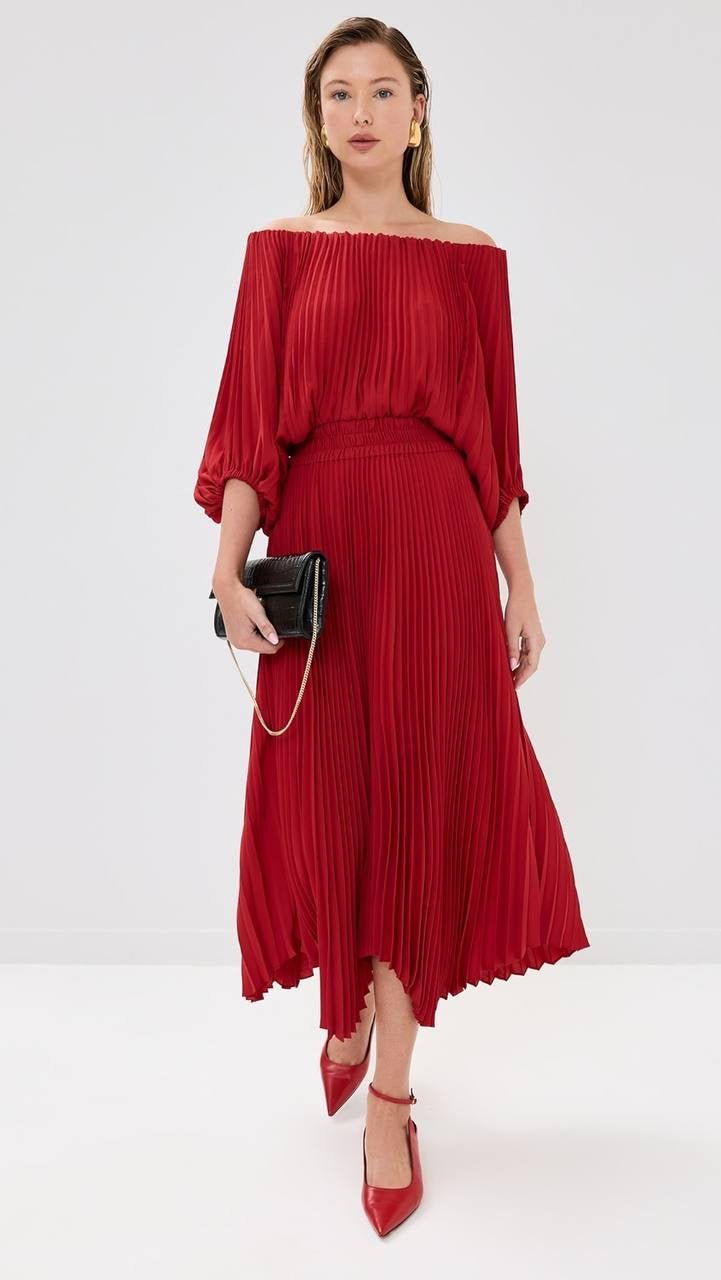 ALC Sienna Satin Pleated Off-Shoulder Midi Dress